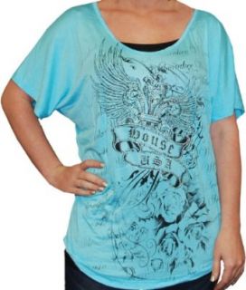 The House Milwaukee USA Women's Short Sleeve Winged Fleur de lis Scoop Neck T Shirt From The House, Milwaukee. Loose Fit. Custom Graphics Front and Back. Black, White, or Aqua. Made in USA. C7836 Clothing