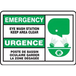 Accuform Signs FBMFSD927MVP Plastic French Bilingual Sign, Legend "EMERGENCY EYE WASH STATION KEEP AREA CLEAR/URGENCE POSTE DE BASSIN OCULAIRE GARDER LA ZONE DEGAGEE" with Graphic, 14" Width x 10" Length, Black/Green on White Industria