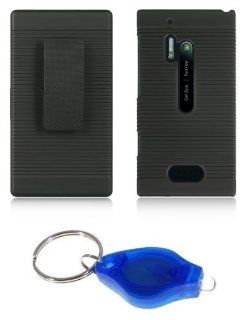 Black Rugged Slim Case + Belt Clip Kickstand Holster + Atom LED Keychain Light for Nokia Lumia 928 (Verizon) Cell Phones & Accessories