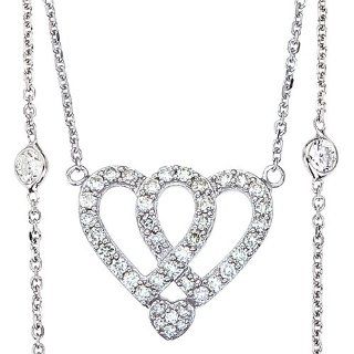 14K White Gold .92 Ct Diamond Double Heart Pendant Diamond By the Yard Necklace Jewelry