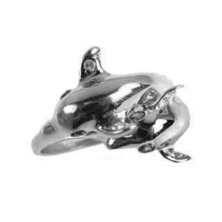 14k White Gold, Mother and Baby Double Dolphin Ring with Brilliant Lab Created Gems Jewelry