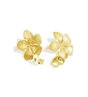 14k Yellow Gold Matte Hawaiian Flower Stud Earrings Jewelry