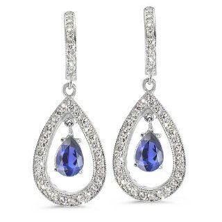 Pear Shaped Diamond Earrings In 18K White Gold With A 0.58 ct. Genuine Iolite Center Stone. Dangle Earrings Jewelry