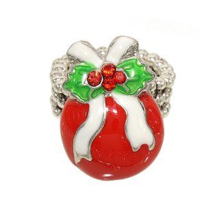 Silvertone Red, Green and White Christmas Ornament Beaded Stretch Fashion Ring Jewelry