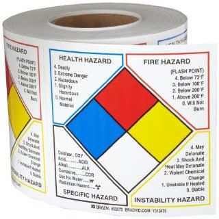 Brady 53072 6" Height, 6" Width, B 946 High Performance Vinyl, Black, Red, Blue And Yellow On White Color Write On Right To Know NFPA Classification Diamond Roll Labels (500 Per Roll) Industrial Warning Signs