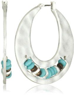 Kenneth Cole New York "Urban Seychelle" Turquoise Color and Brown Bead Inlayed Silver Hoop Earrings Jewelry