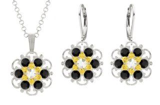 Marvelous Jewelry Set Pendant and Earrings by Lucia Costin with 6 Petal Middle Flowers and Dots, Garnished with Twisted Lines and White and Black Swarovski Crystals; .925 Sterling Silver with 24K Yellow Gold over .925 Sterling Silver Lucia Costin Jewelr