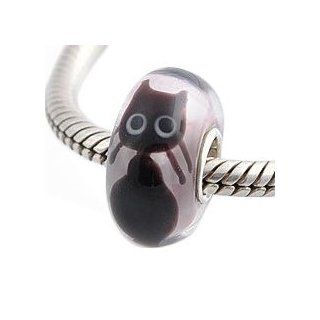 925 Sterling Silver Black Kitty Cat Murano Lampwork Glass Bead Charm Solid 925 Sterling Silver Core Compatible with Pandora Trollbeads Chamilia European Charm Bracelet Jewelry