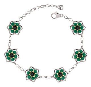 Gorgeous Bracelet by Lucia Costin Made of .925 Sterling Silver with Twisted Lines, Black, Green Swarovski Crystals, and 24K Yellow Gold over .925 Sterling Silver Central Flowers; Handmade in USA Lucia Costin Jewelry