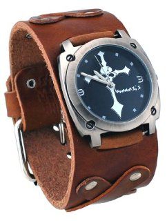 Nemesis #BXB927K Unisex Skull Crucifixion Brown Wide Leather Cuff Band Watch Watches