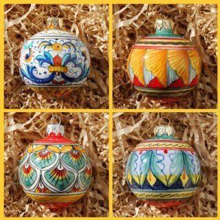 Hand Painted Italian Ceramic 3 inch Christmas Balls Ornaments Set of 4 Pieces   Handmade in Deruta  