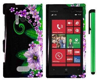 Nokia Lumia 928 (Verizon) Microsoft Windows Phone 8   Black Green Pink Flower Premium Beautiful Design Protector Hard Cover Case + 1 of New Assorted Color Metal Stylus Touch Screen Pen  Pencil Holders  Electronics