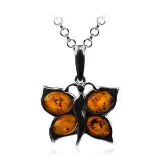 Sterling Silver Honey Amber Butterfly Pendant Necklace , 18" Jewelry