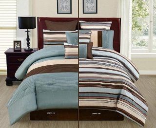 Luxury Veneto 8 piece California Cal King Size Bed in a Bag Reversible Comforter Bedding Set Blue / Beige / Choco Brown  