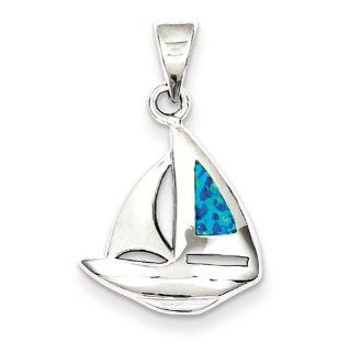 Sterling Silver Blue Inlay Created Opal Sailboat Pendant Jewelry