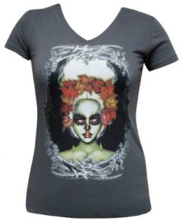 Womens Deceit by Cat Ashworth Vneck Frankenstein Bride Tattoo T Shirt Dark Grey