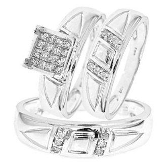 1/2 Carat T.W. Round, Princess Cut Diamond Ladies Engagement Ring, Wedding Band, Men's Wedding Band Matching Set 10K White Gold   Free Gift Box MyTrioRings Jewelry