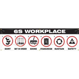 Accuform Signs MBR982 Reinforced Vinyl 6S Workplace Banner "6S WORKPLACE SORT, SET IN ORDER, SHINE, STANDARIZE, SUSTAIN, SAFETY" with Metal Grommets, 28" Width x 8' Length, Black/Red on White Industrial Warning Signs Industrial & 
