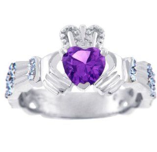 18K White Gold 0.4 Ct Diamond Claddagh Ring With Amethyst Jewelry