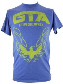 Pontiac Firebird Mens T Shirt  Distressed GTA Firebird Logo on Blue Clothing