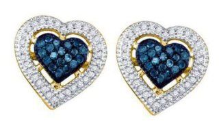 0.4 cttw 10k Yellow Gold Blue Diamond Heart Shaped Halo Earrings (Real Diamonds 0.4 cttw) Jewelry