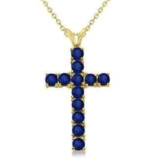 Blue Sapphire Cross Pendant Necklace 14K Yellow Gold Woman's Christian Religious 1.92tcw Allurez Jewelry