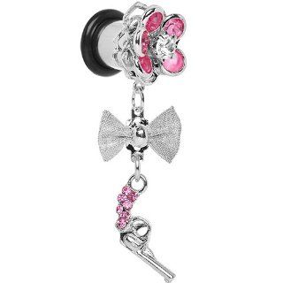 0 Gauge Pink Gem My Lady Flower Gun Dangle Plug Body Candy Jewelry