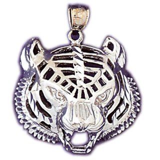 14K White Gold Tiger Head Pendant Jewelry