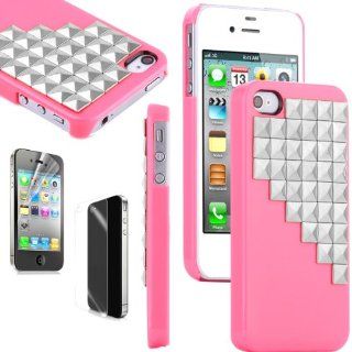 Pandamimi ULAK(TM) Luxury 3D Bling Cute Pyramid Punk Studs Hard Case Cover Skin For iPhone 4 4G 4S with Free Front and Back Screen Protector (Silver Rivet+Rose Pink) Cell Phones & Accessories