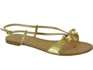 BCBG Women's Stef Slingback Bow Embellished Thong Sandals, Gold 8M US Shoes