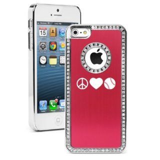 Apple iPhone 5 5S Red 5S1831 Rhinestone Crystal Bling Aluminum Plated Hard Case Cover Peace Love Baseball Softball Cell Phones & Accessories