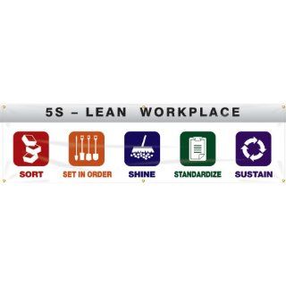 Accuform Signs MBR976 Reinforced Vinyl 5S Workplace Banner "5S   LEAN WORKPLACE SORT, SET IN ORDER, SHINE, STANDARDIZE, SUSTAIN" with Metal Grommets, 28" Width x 8' Length Industrial Warning Signs