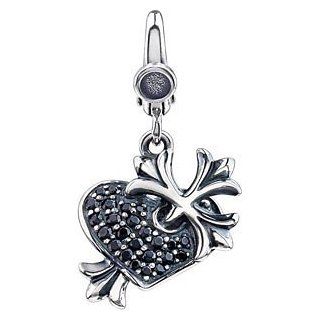 Sterling Silver Black CZ Heart and Fleur de Lis Cross Charm, Easy Clip on Jewelry