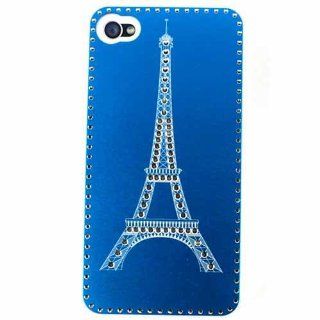 Apple iPhone 4 / 4s Novelty Case, Blue with Eiffel Tower Bling Metallic Faceplate Hard Plastic Protector Snap On Cover Case Cell Phones & Accessories