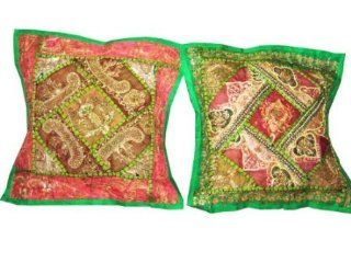 2 Green Gold Zardozi Indian Sari Throw Pillow Cushion Covers 16x16  