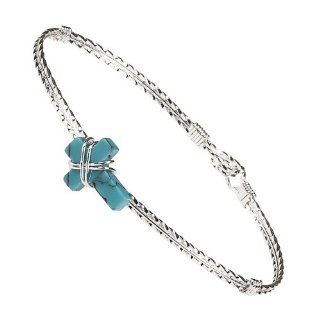 Silvertone Dainty Imitation Turquoise Cross Artisan Wire Bangle Bracelet Jewelry