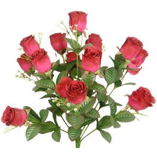 17" Elegant Raindrop Rose Bush Silk Flowers Wedding Bouquet Burgundy 989   Artificial Shrubs