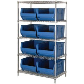 Quantum Storage Systems WR5 993BL 5 Tier Complete Wire Shelving System with 8 QUS993 Blue Hulk Bins, Chrome Finish, 36" Width x 36" Length x 86" Height
