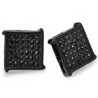 Black Stud Earrings 15 mm Fancy Square Shaped Round Cubic Zirconia Blackout Iced Pushback Post Jewelry