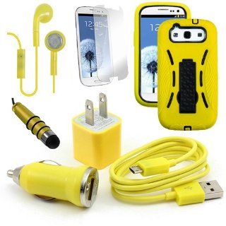 Samsung Galaxy S3 Yellow Rugged Impact Case, USB Car Charger Plug, USB Home Charger Plug, USB 2.0 Data Cable, Metallic Stylus Pen, Stereo Headset & Screen Protector (7 Items) Retail Value $89.95 Cell Phones & Accessories