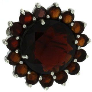 Sterling Silver Marcasite Large Flower Brooch Pin w/ Round Garnet Stones, 1 1/8 in. (29mm) Brooches And Pins Jewelry