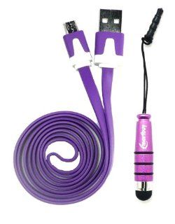 Emartbuy Duo Pack For Alcatel One Touch 997 / 997D   Purple Metallic Mini Stylus + Purple Flat Anti Tangle Micro USB Sync / Transfer Data & Charger Cable Electronics