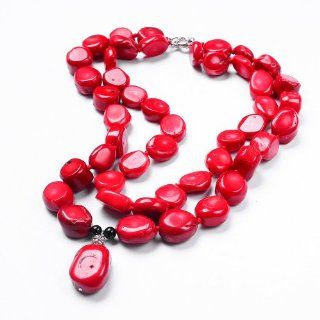Qiyun Red Coral Bead Beaded 2 Rows Strands Silver Clasp Pendant Necklace Jewelry