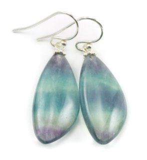 Sterling Silver Striped Fluorite Earrings AAA Teal Purple Flat Oval Drops Matched Dangle Earrings Jewelry