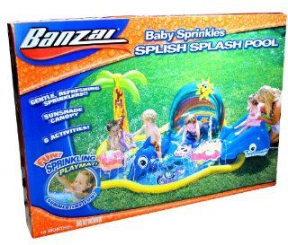 Banzai Baby Sprinkles Series Inflatable Swimming Pool   SPLISH SPLASH POOL with Rainbow Canopy, Removable Whale Slide, Water Spraying Starfish Stacker with 4 Inflatable Starfish Stacker, Baby Dolphin Rider, Clamshell Sprinkler and 1 Repair Patch (Pool Dime