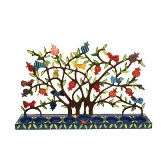 Yair Emanuel Lazer Cut Tree Menorah with Birds and Pomegranates   Candelabras
