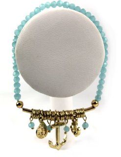(Turquoise) Beautiful Anchor Charm Design Beaded Bracelet. Diameter 2 1/4" Spring, Summer, Fashion Jewelry