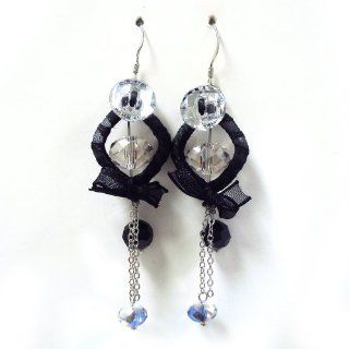 Bridal Wedding Prom Sterling 925 Handmade Earring with Button Stone and Black Ribbon Wrapped Diamond Shaped Ring and Dangling Crystals  Other Products  