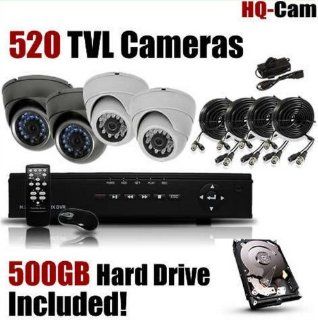 HQ Cam 4 Channel H.264 DVR Surveillance Security Package System with 4 x 520 TV Lines Indoor/Outdoor Day Night Vision Cameras For Home Security with Power Suplies and Cables, Pre Installed 500GB HDD Camera & Photo