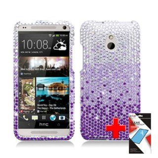 HTC One Mini (AT&T) 2 Piece Snap On Rhinestone/Diamond/Bling Case Cover, Purple/Silver Waterfall Design + SCREEN PROTECTOR Cell Phones & Accessories